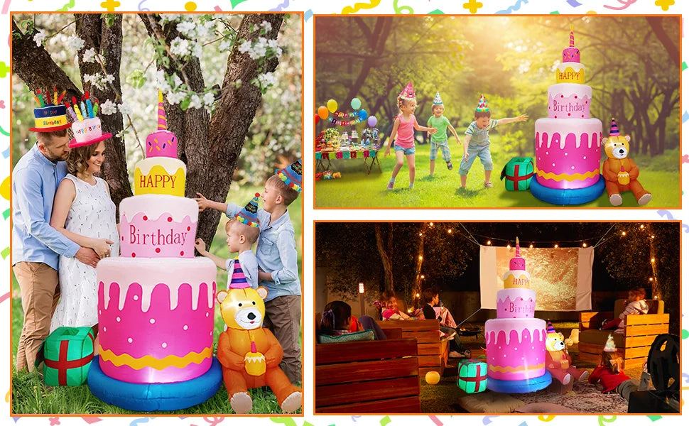 6FT Blow up Birthday Cake Happy Birthday Inflatable Decorations with Teddy Bear Kids - ChildAngle