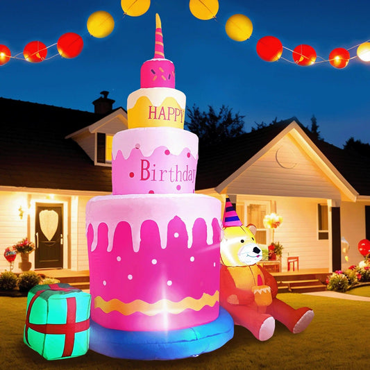 6FT Blow up Birthday Cake Happy Birthday Inflatable Decorations with Teddy Bear Kids - ChildAngle