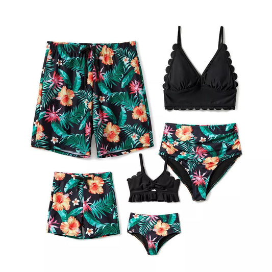 Matching Family Swimsuits Shell Edge Two Pieces Spaghetti Strap Floral Bikini Set and Palm Leaves Floral Swim Trunks Shorts - ChildAngle