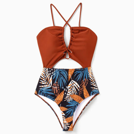 Matching Family Swimsuits Tropical Hollow out One Piece Clolorblock Swim Trunks - ChildAngle