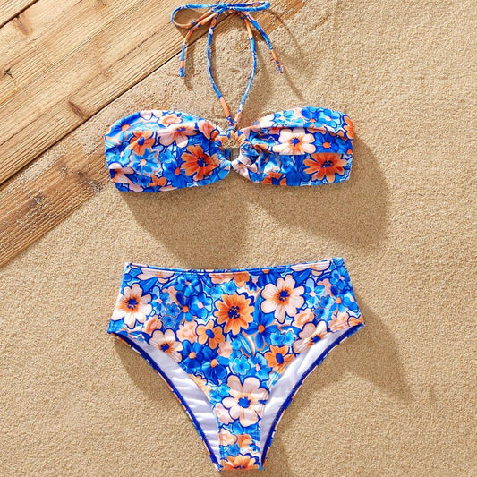 Matching Family Swimsuits Blue Flower Halter Neck Two Pieces Swimsuits Bikini Set and Drawstring Flower Print Swim Trunks Swim Shorts - ChildAngle