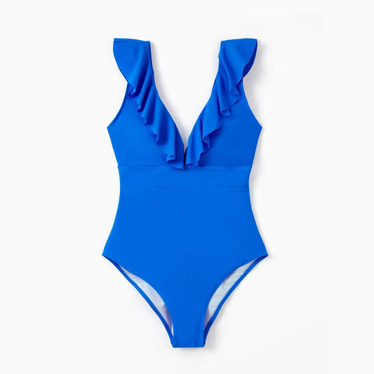 Matching Family Swimsuits Blue Solid Color Ruffle Collar V Neck One Piece Swimsuits and Drawstring Swim Trunks Swim Shorts - ChildAngle