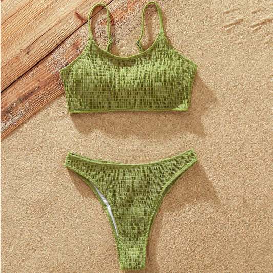 Matching Family Swimsuits Olive Green Textured Ribbed Two Pieces Swimsuits High Waisted Bikini Set and Drawstring Clolorblock Swim Trunks Swim Shorts - ChildAngle