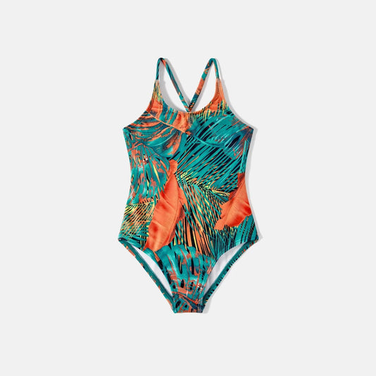 Matching Family Swimsuit Green Palm Tree One Piece Swimsuit