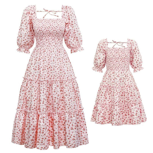 Family Matching Dress Square Neck Collar Bell Sleeve Floral Party Dress for Mother Daughter