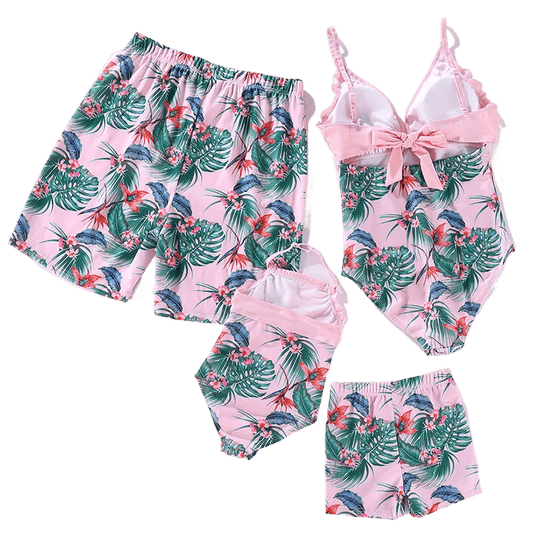 Matching Family Swimwear Pink Floral Leaves Swim Set
