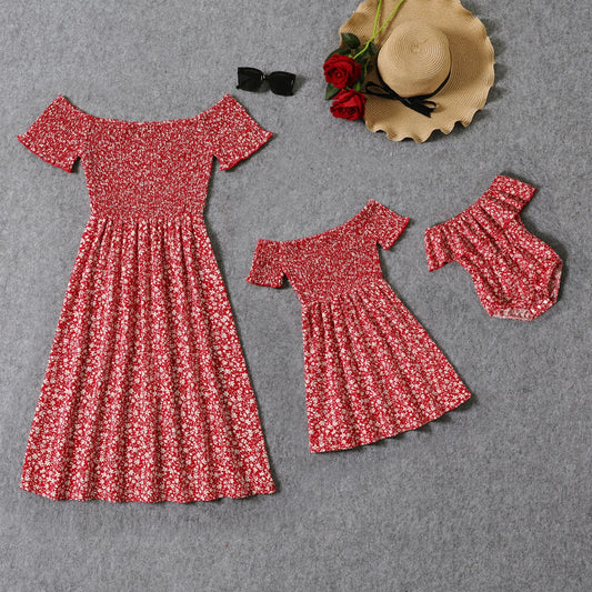All Over Red Floral Print Short-sleeve Shirred Dress for Mommy and Me - ChildAngle