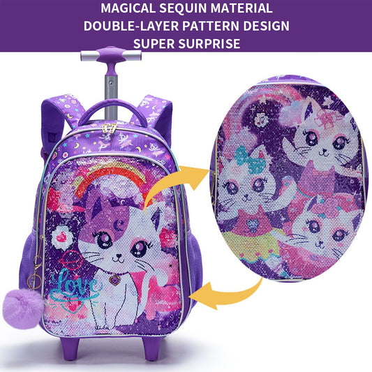 3PCS 2-in-1 Reversible Sequin Glitter Cat Trolley School Bag Childrens Rucksack with Wheels and Lunchbox Pencil Case Set - ChildAngle