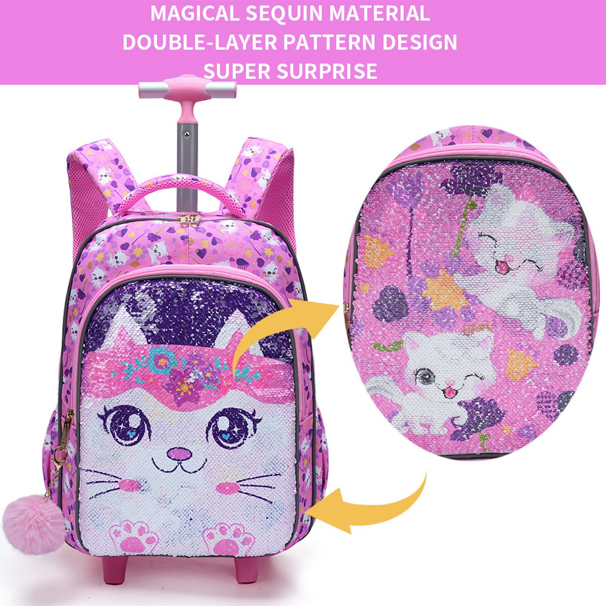 3PCS 2-in-1 Reversible Sequin Glitter Cat Trolley School Bag Childrens Rucksack with Wheels and Lunchbox Pencil Case Set - ChildAngle