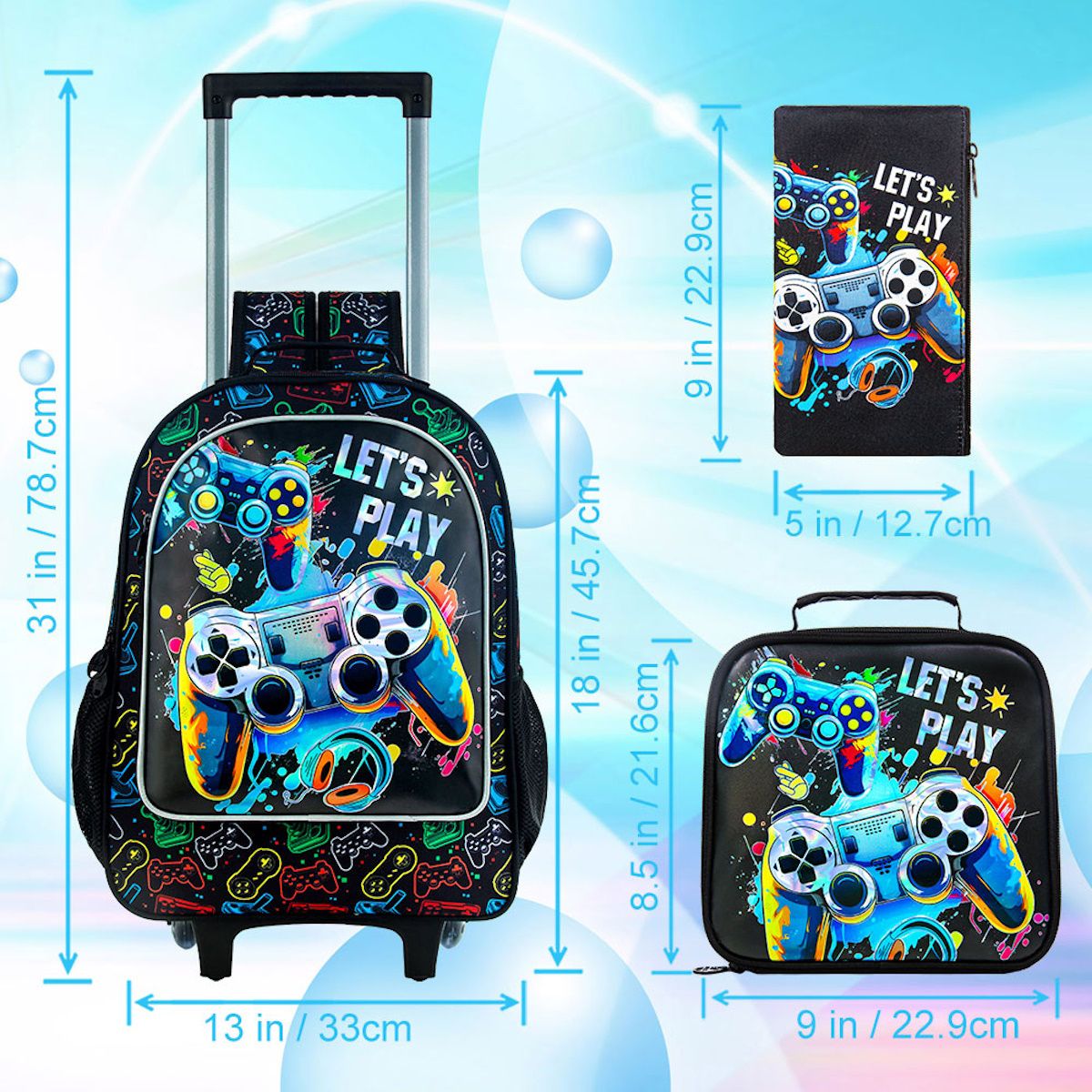 3PCS Game Console Pattern Childrens Rucksack with Wheels and Lunchbox Pencil Case Set - ChildAngle