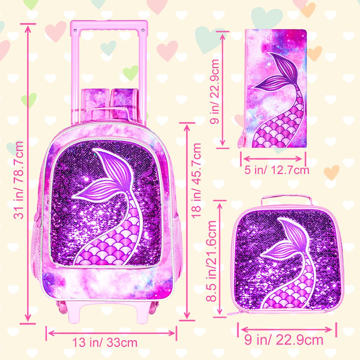 3PCS Reflective Glitter Mermaid Tail Childrens Rucksack with Wheels and Lunchbox Pencil Case Set - ChildAngle