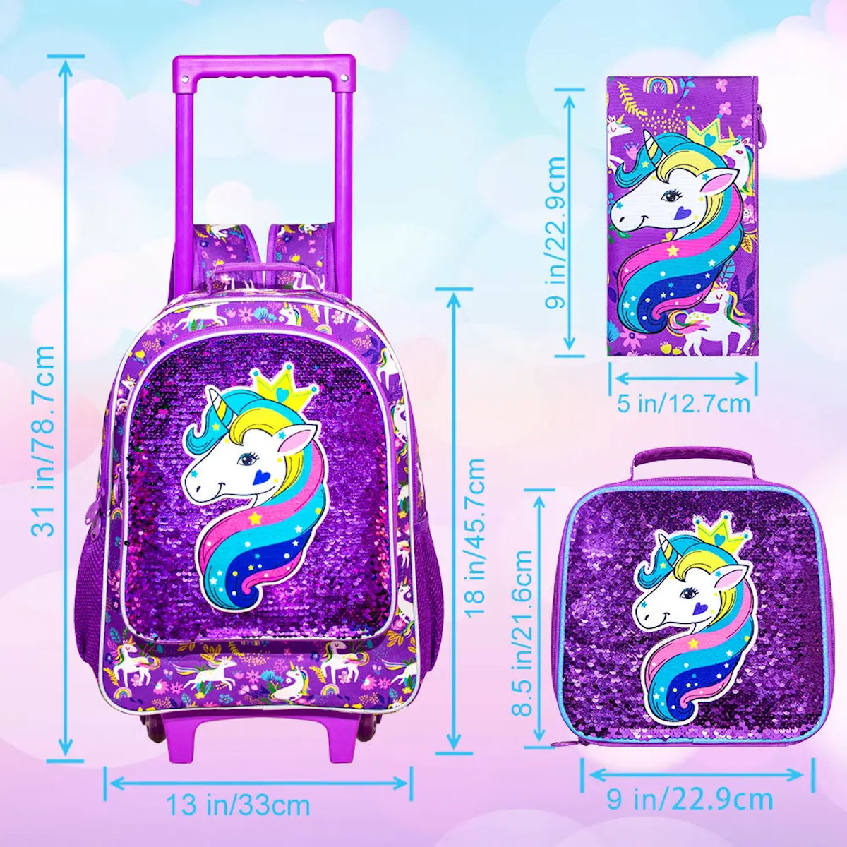 3PCS Reflective Glitter Unicorn Childrens Rucksack with Wheels and Lunchbox Pencil Case Set - ChildAngle