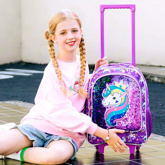 3PCS Reflective Glitter Unicorn Childrens Rucksack with Wheels and Lunchbox Pencil Case Set - ChildAngle