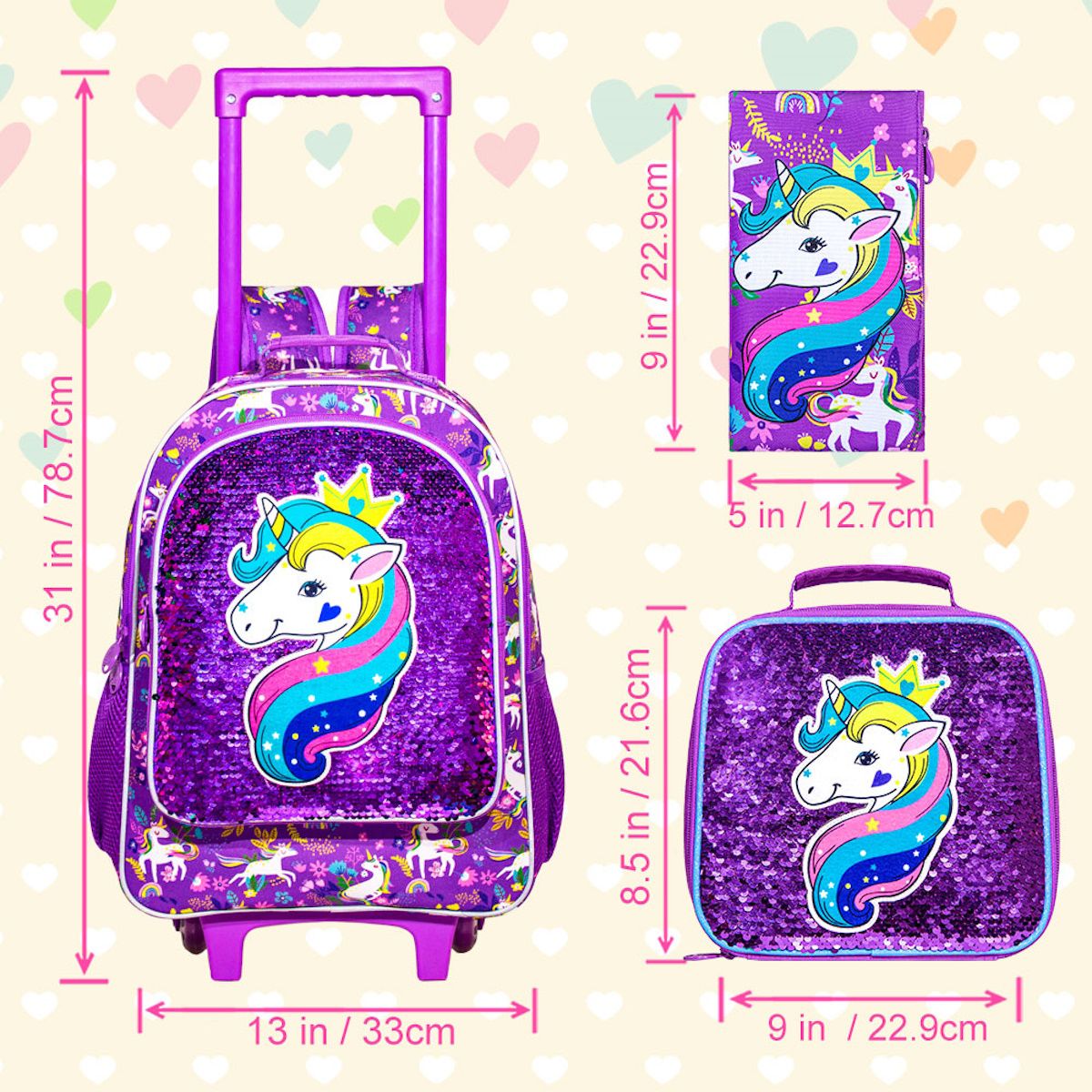 3PCS Reflective Glitter Unicorn Childrens Rucksack with Wheels and Lunchbox Pencil Case Set - ChildAngle