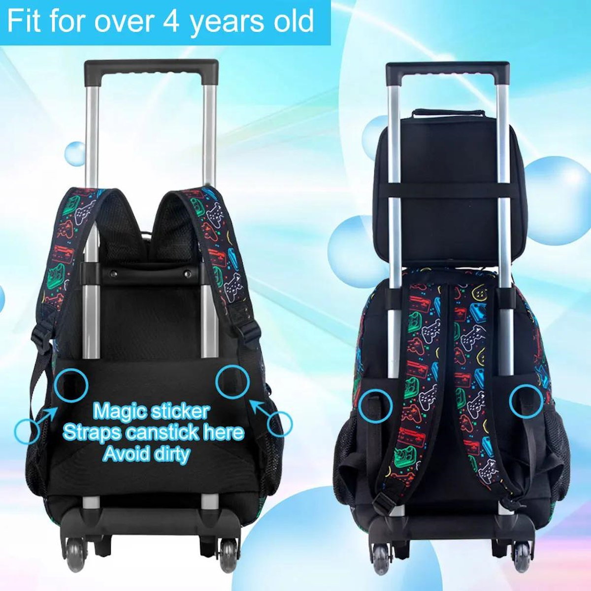 3PCS Game Console Pattern Childrens Rucksack with Wheels and Lunchbox Pencil Case Set - ChildAngle