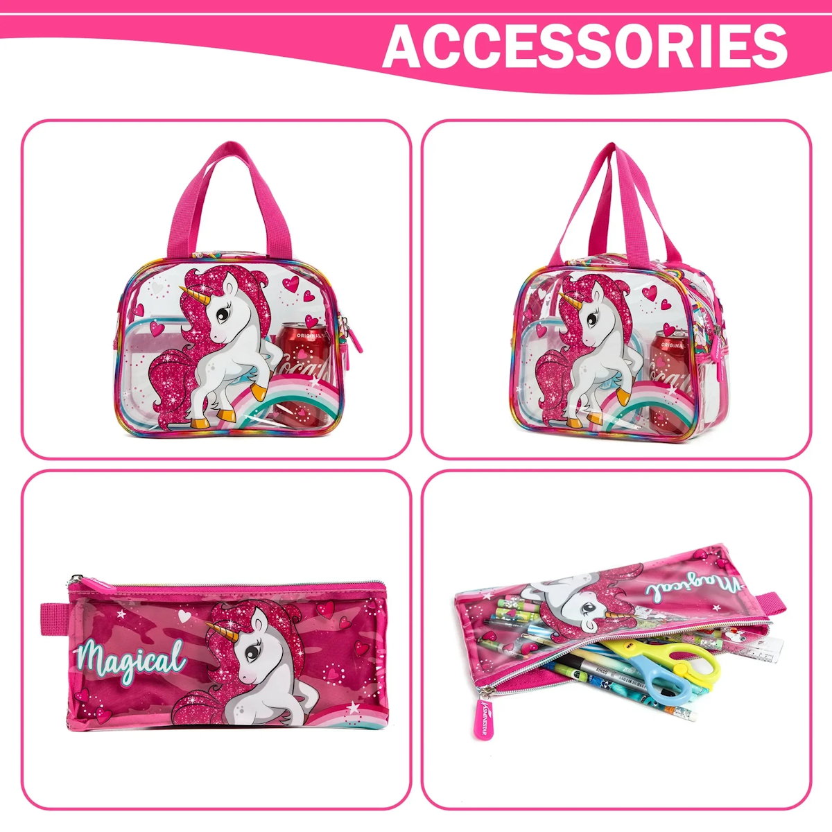 3PCS Transparent Unicorn Mermaid Clear Backpack and Lunchbox Pencil Bag Set - ChildAngle