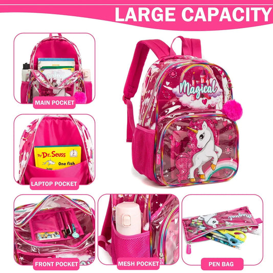 3PCS Transparent Unicorn Mermaid Clear Backpack and Lunchbox Pencil Bag Set - ChildAngle