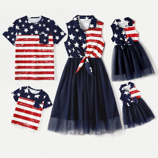 4th of July Family Matching Dress Bowknot Shirts Set Stripe Star Outfit