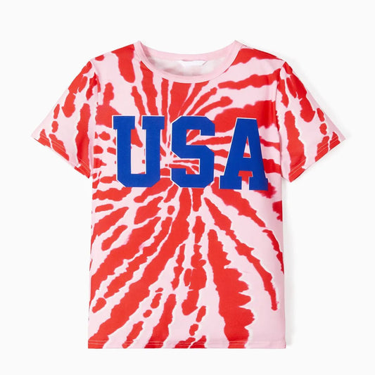 4th of July Family Matching T Shirts Short Sleeve Tie Dye USA Letter Print Top Baby Romper - ChildAngle