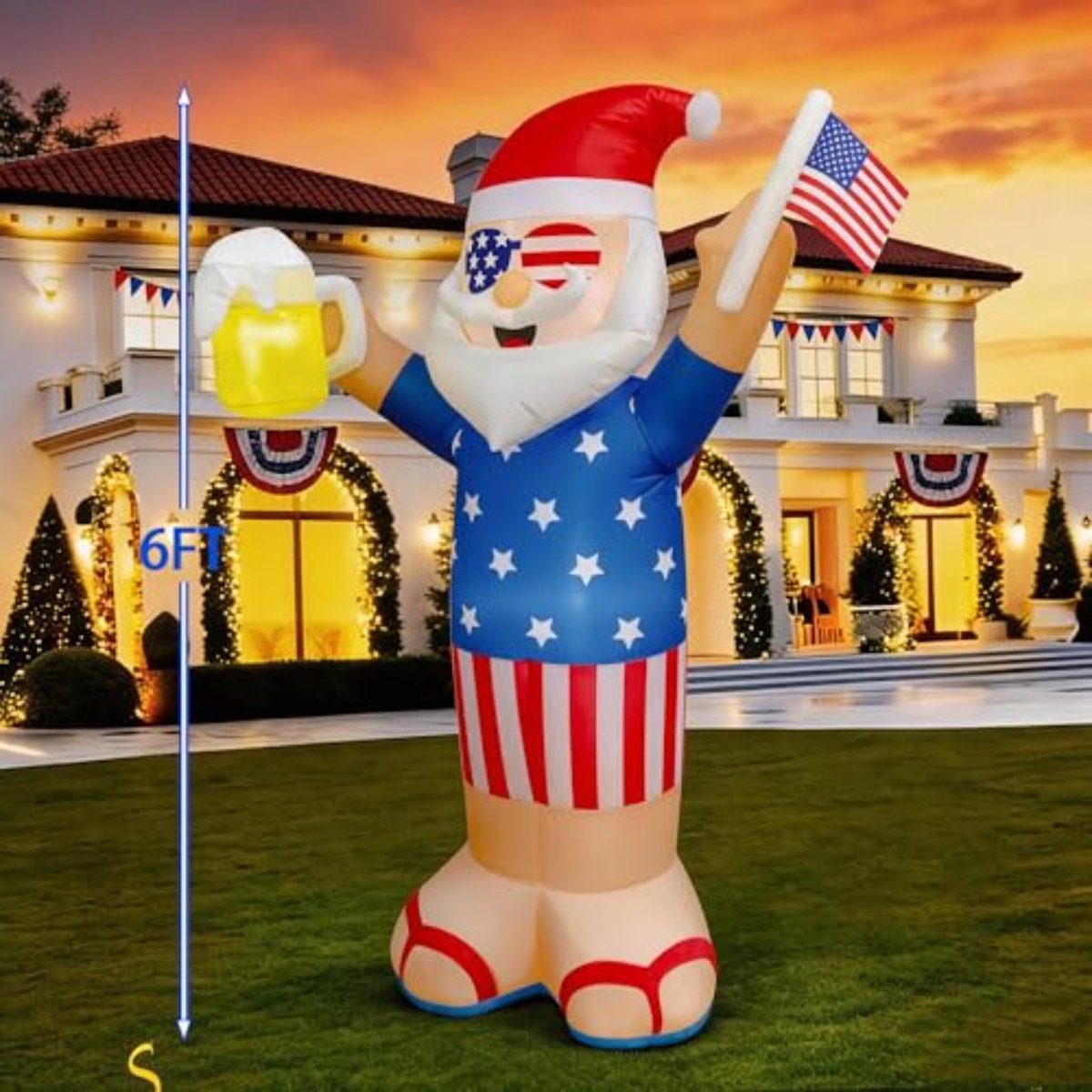 Inflatable Santa Claus figure with American flag design holding a beer and an American flag - ChildAngle 4th of July Inflatables and Christmas in July Inflatables