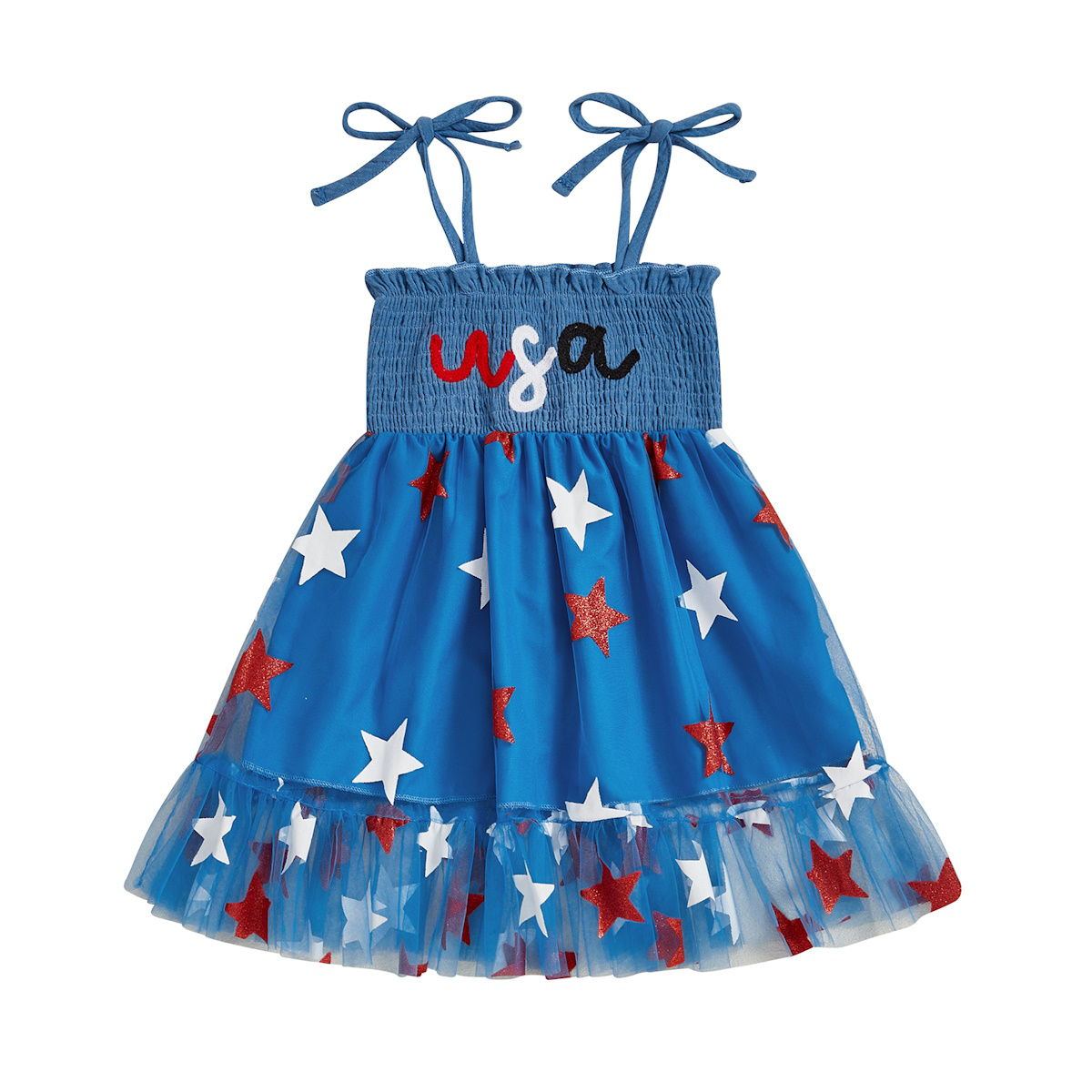 Newborn Toddlers Kids Girls Stars Shoulder Tie Dresses 4th of July Dress - ChildAngle