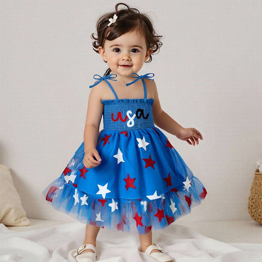 Newborn Toddlers Kids Girls Stars Shoulder Tie Dresses 4th of July Dress - ChildAngle
