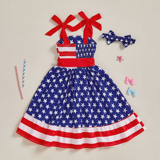 4. Juli Outfits Kleinkind Kinder Mädchen Sterne Streifen Schulter Krawatte Bowknot Kleid mit Stirnband