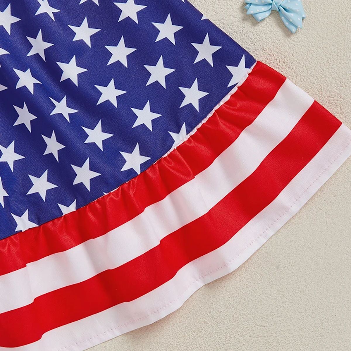 4th of July Outfits Toddler Kids Girls Stars Stripe Shoulder Tie Bowknot Dress with Headband - ChildAngle