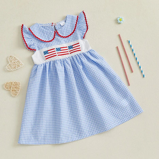 Girls 4th Of July Outfit Toddler Girls Embroidery American Flag Plaid Dress - ChildAngle