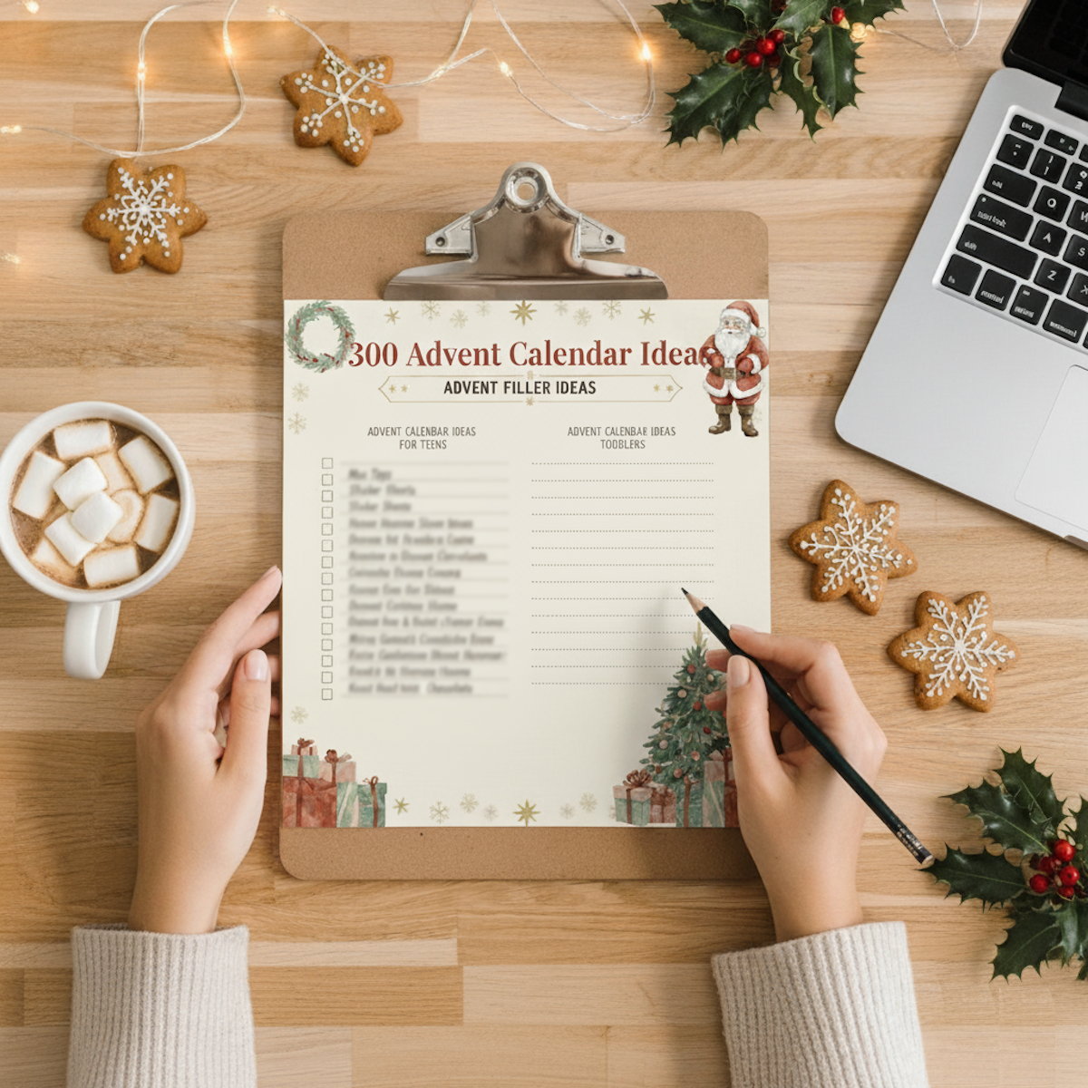 Person holding a clipboard with an advent calendar idea sheet on a festive desk with cookies and a laptop.