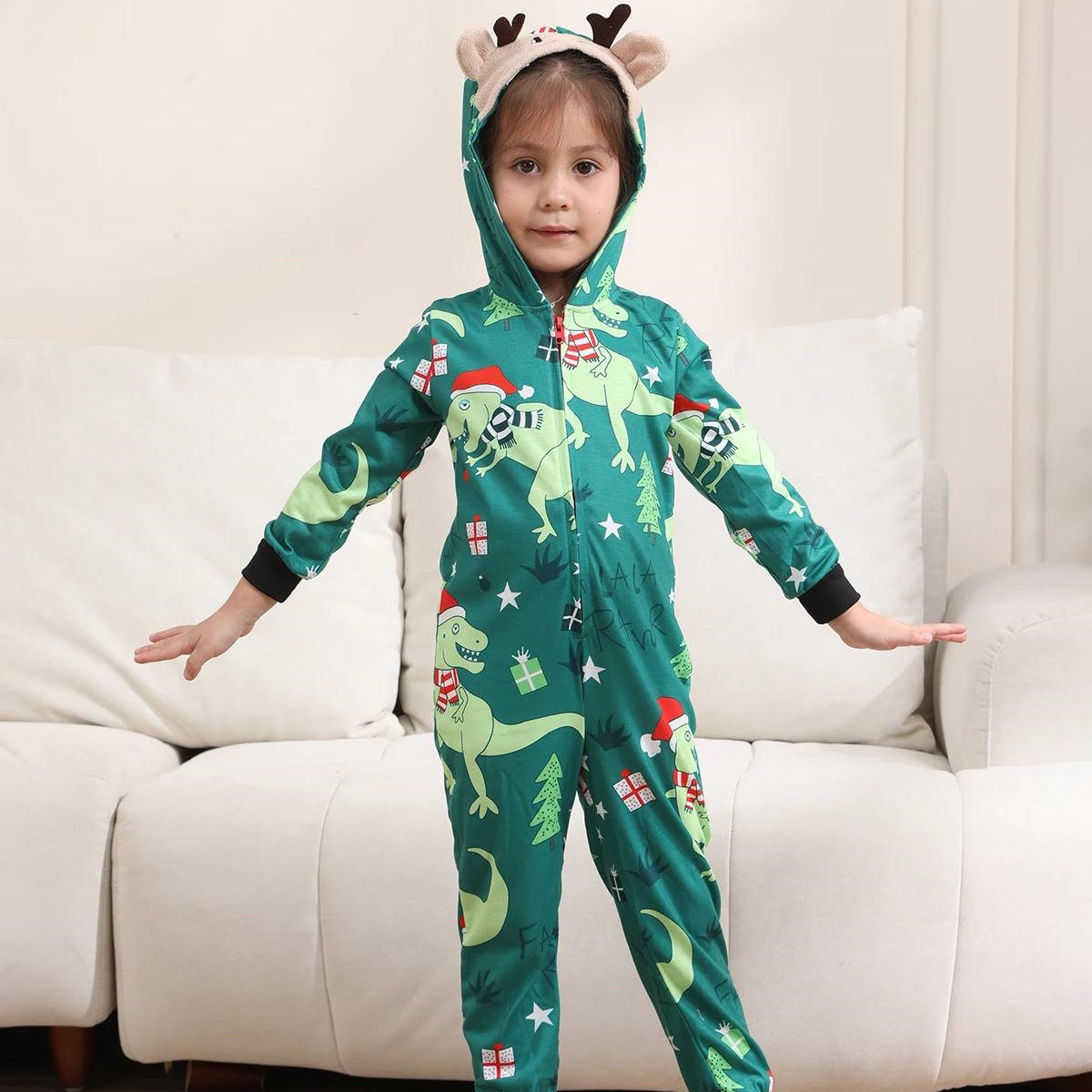 Allover Dinosaur Matching Christmas PJS Onesie Reindeer Pyjamas Pajama Set - ChildAngle