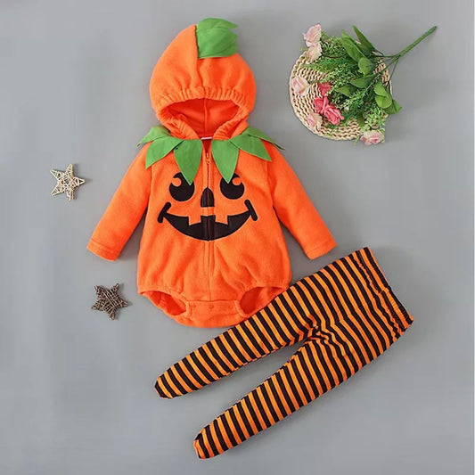 2PCS Newborn Halloween Outfits Fleece Pumpkin Face Hooded Baby Onesies - ChildAngle