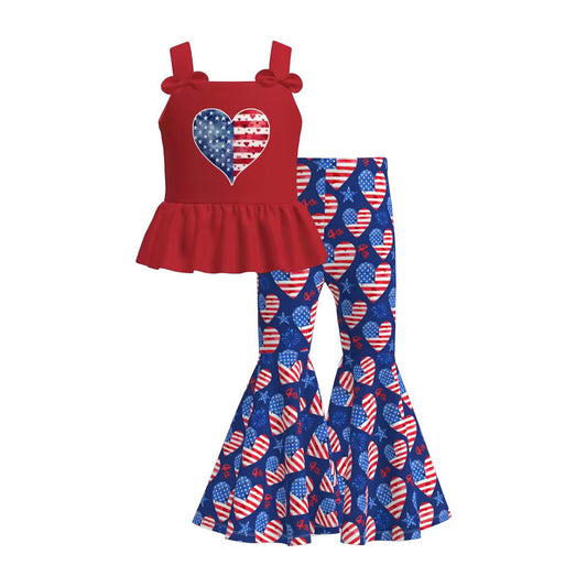 Children 4th of July Outfits Heart Shaped American Flag Tank Top Flared Pants Set - ChildAngle