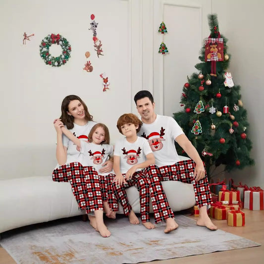 Short Sleeve Family Matching Pajama Set with Plaid Rudolph and Santa Hat Print - ChildAngle