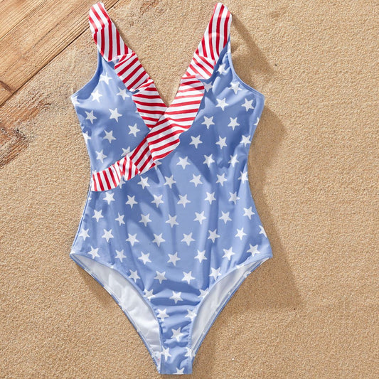 Matching Family Swimsuit 4th of July Red Stripe Stars Flag - ChildAngle
