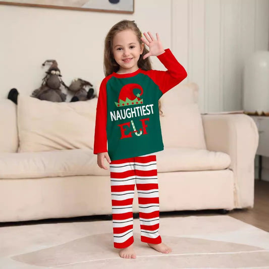Lazy Elf Sassy Elf Naughtiest Elf Family Matching Christmas Pajamas Striped Family Pajama Set - ChildAngle
