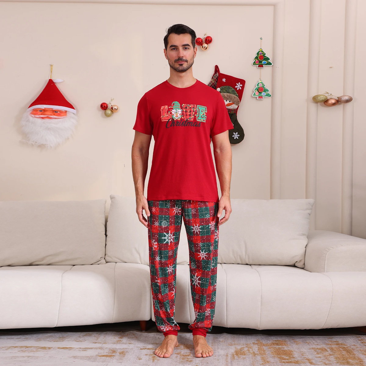 Red Snowflake and LOVE Christmas Short Sleeve Family Matching Pajamas - ChildAngle