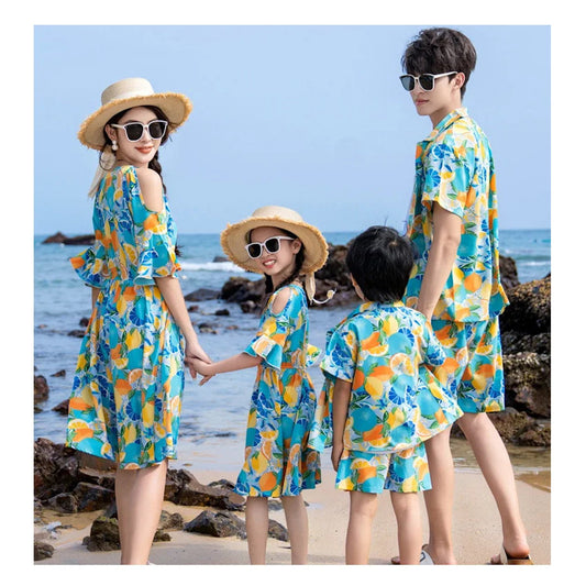 Family Matching Summer Fruit Print Blue Flared Sleeve Dress and Polo Shirts and Shorts Set - ChildAngle