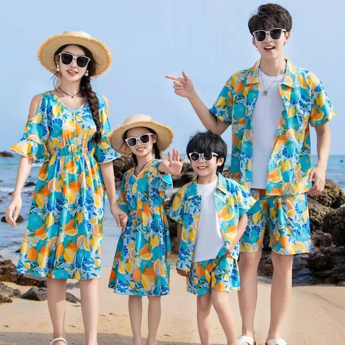 Family Matching Summer Fruit Print Blue Flared Sleeve Dress and Polo Shirts and Shorts Set - ChildAngle