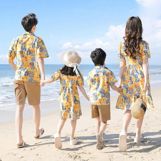 Family Matching Outfits Flower Print Half Sleeve Dress with Flower Print Polo Shirts with Shorts - ChildAngle