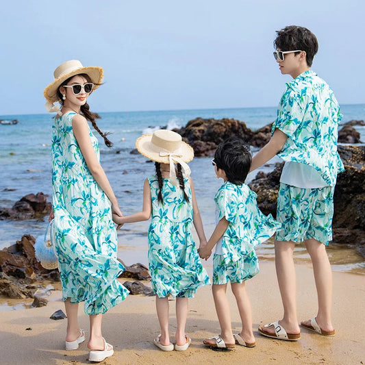 Family Matching Outfits Green Floral Dress and Tee and Shorts - ChildAngle