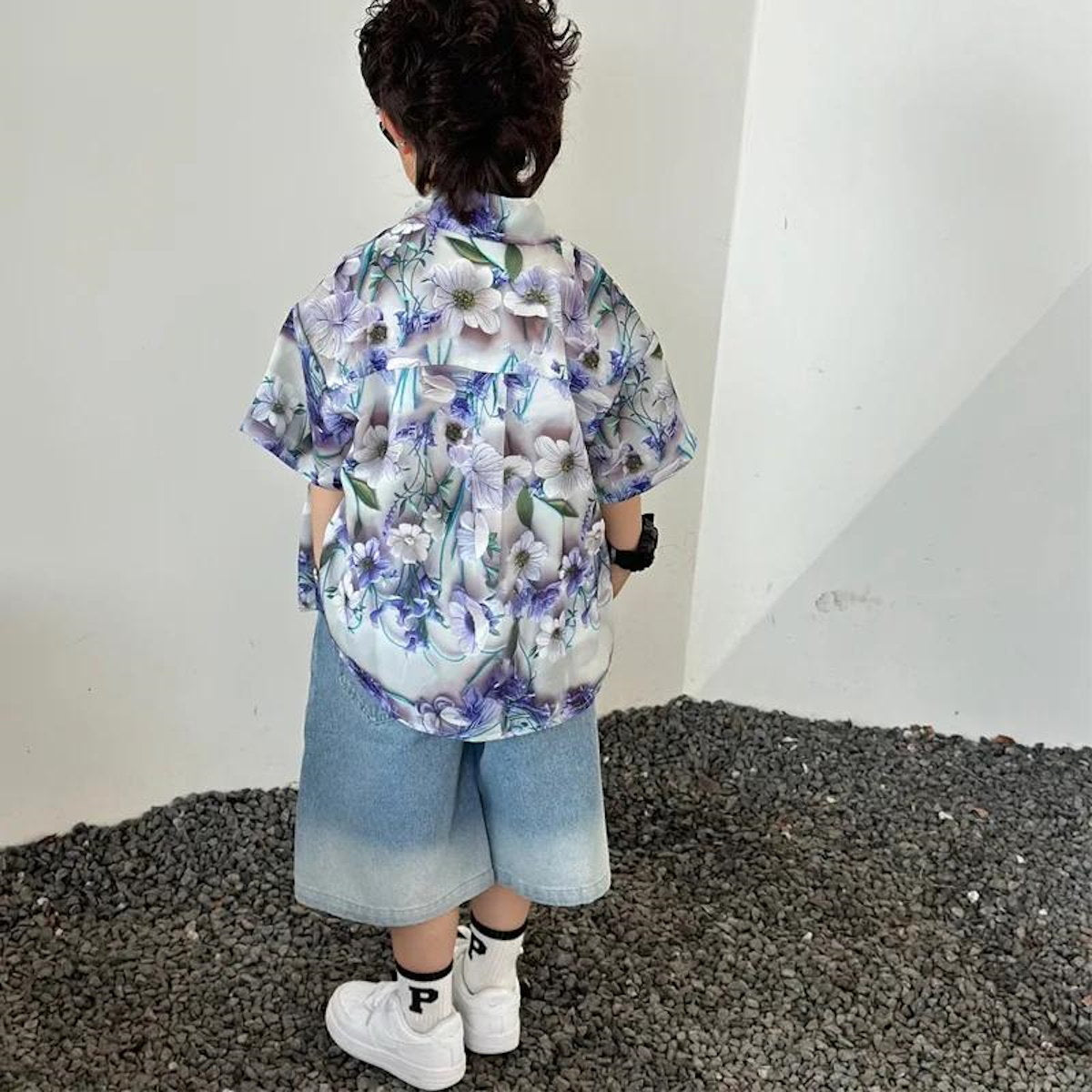 Family Matching Outfits Flower Shirts and Shirred Top Shoulder Tie Dress