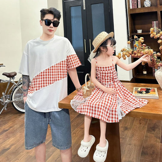 Family Matching Outfits Red Embroidery Plaid Slip Dress and Shirts - ChildAngle