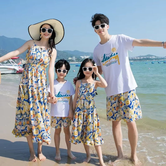 Family Matching Outfits Tropical Flower Dress and Polo Shirts and Shorts - ChildAngle