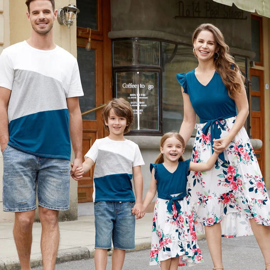 Family Matching Dress V Neck Flutter-sleeve Floral Print Dresses Colorblock T-shirts - ChildAngle