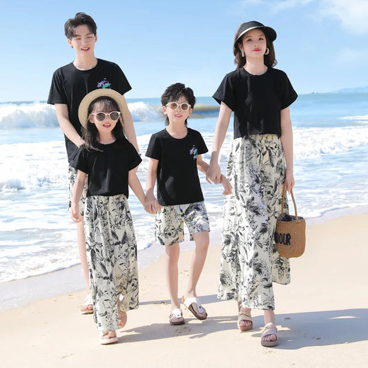 Matching Family Outfits Palm Leaves Outfits Dress and T-Shirts Set - ChildAngle