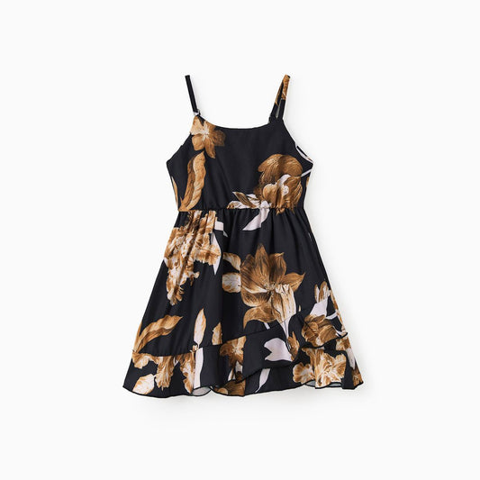 Family Matching Outfits Allover Floral Polo Shirts and V Neck Allover Floral Irregular Ruffle Hem Wrap Dress with Hidden Snap - ChildAngle