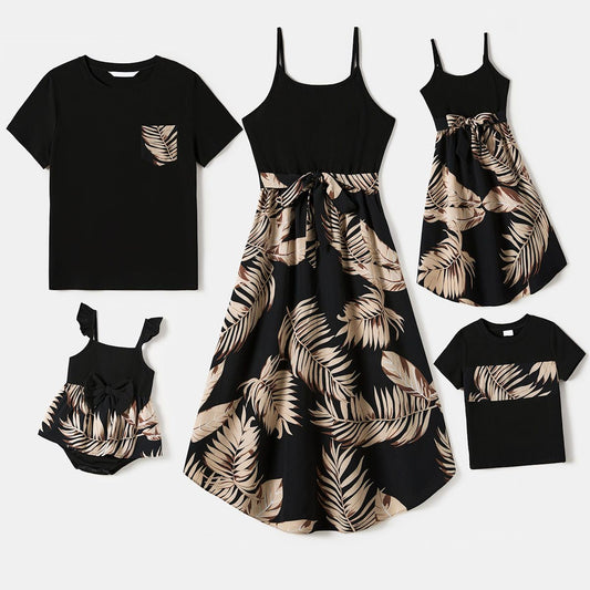 Family Matching Outfits Black Floral Tropical Splicing Matching Family Shirts and Spaghetti Straps Elastic Waistband Ruffle Hem Dress - ChildAngle