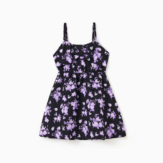 Family Matching Outfits Black Short Sleeve Front Pocket Tee Shirred Top Strap Slip Dress - ChildAngle