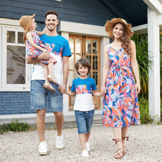 Family Matching Outfits Blue Colorblock Floral Front Pocket T-Shirts and V Neck Colorful Tropical Flower Print Wrap Strap Dress - ChildAngle